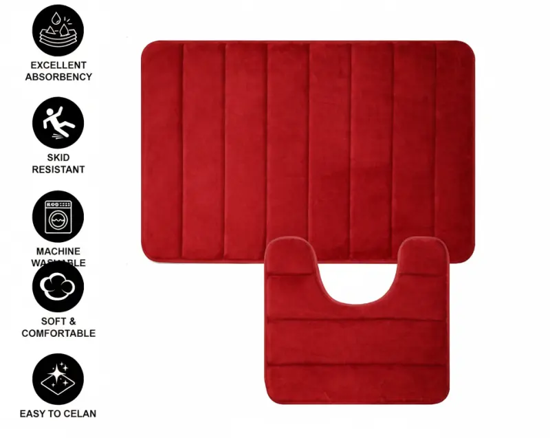 Previzualizare 4: Covorase de Baie, 80x50 cm / 50x40 cm, Rosu, Antiderapant, Absorbant, Set 2 bucati