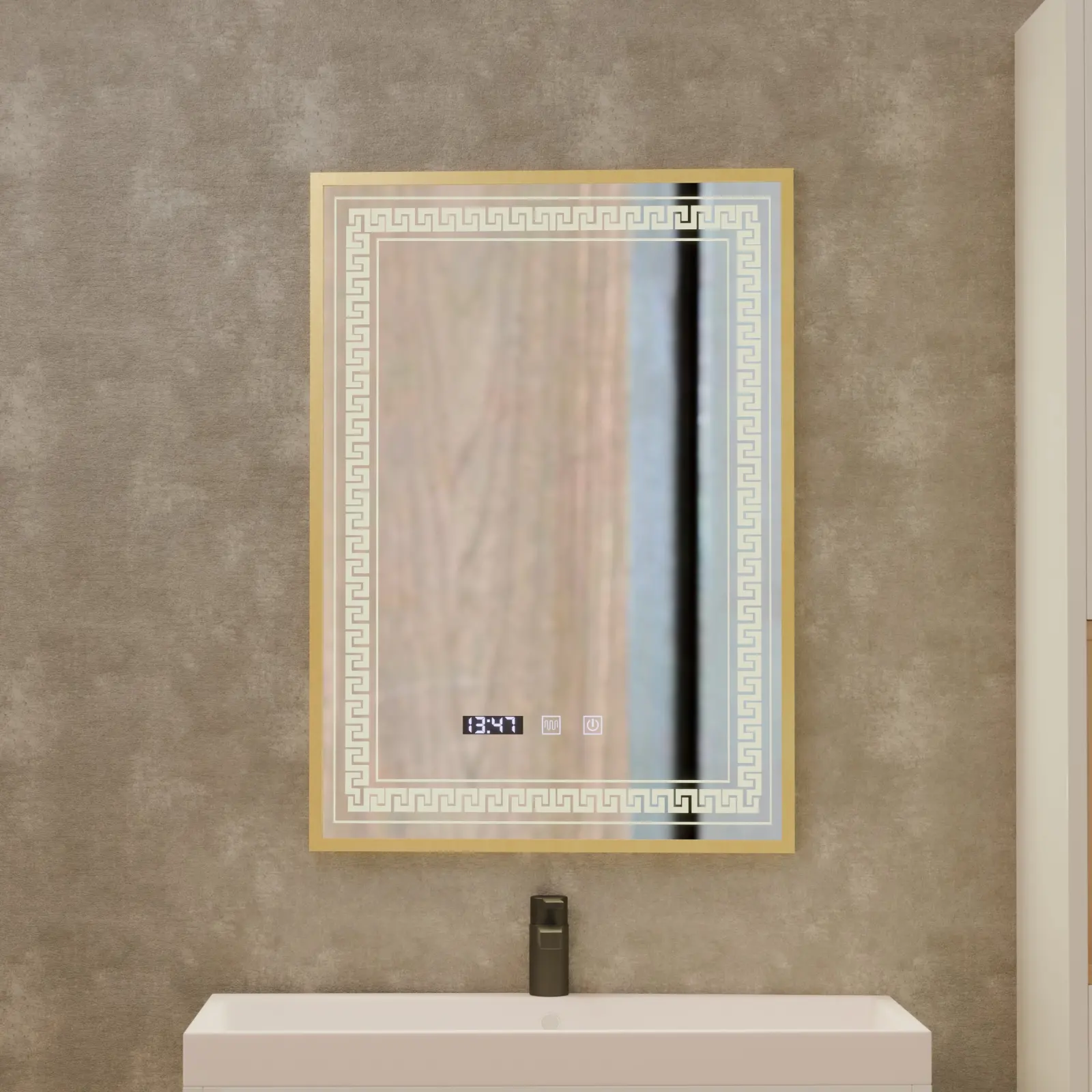 Oglinda LED Touch Bruno Sistem Dezaburire, Ceas si Temperatura 60x80 cm Rama Auriu Brushed, S84/60X80