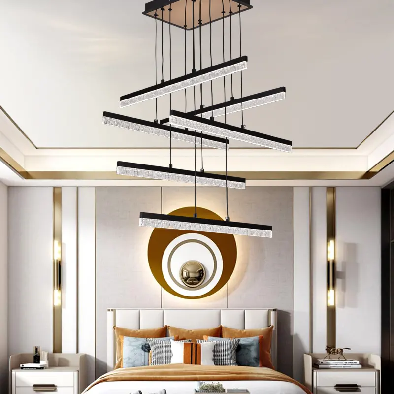 Lustra LED Suspendata Acril STRATA, 6 elemente, 82W, Lumina 3000/4000/6000K, Negru, Inaltime Reglabila