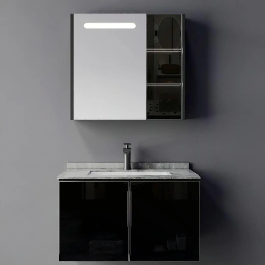 Set Mobilier pentru Baie RHODOS, 80cm, 2 Piese, Negru si Alb