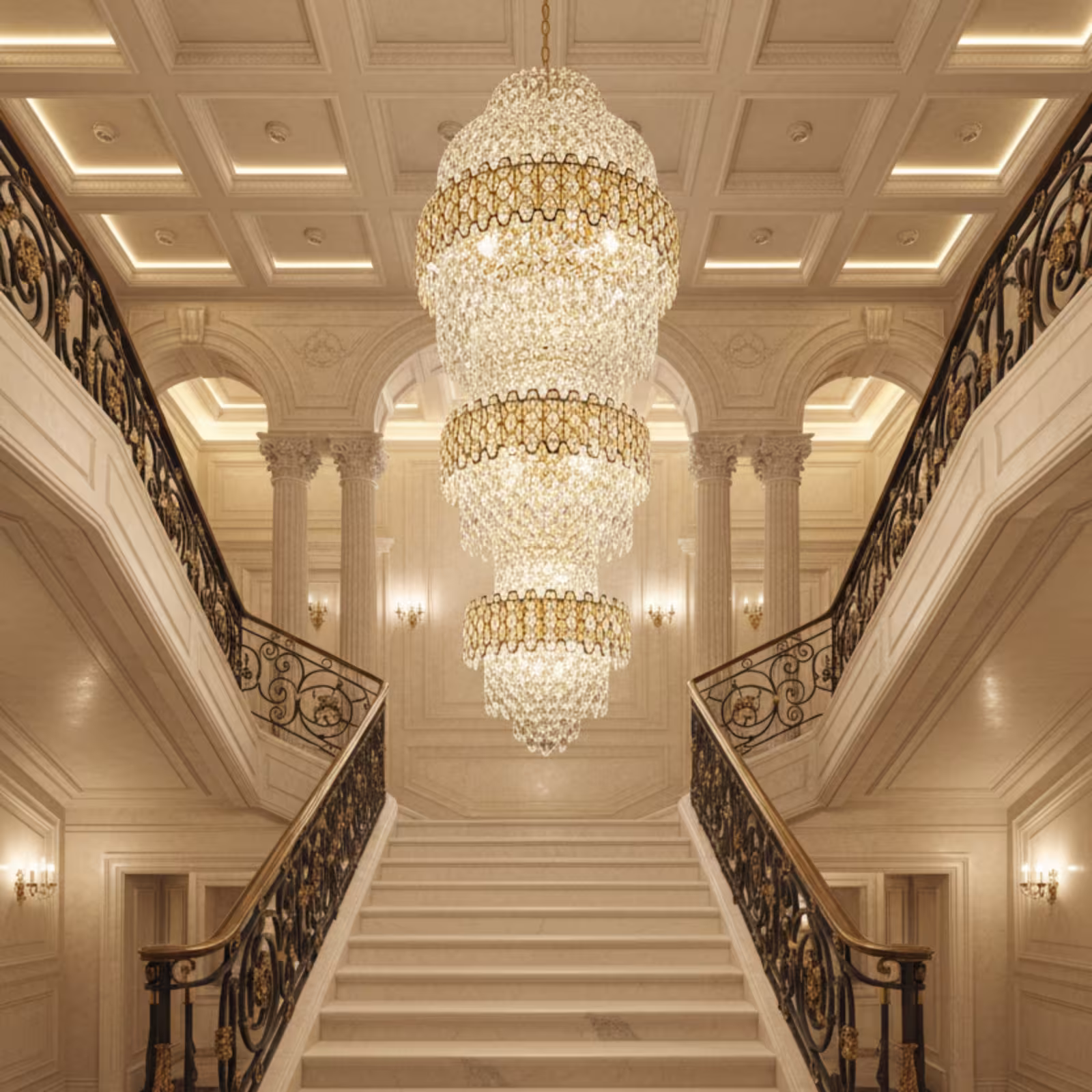 Candelabru Cristal TRIO Regalis 63xE14, Diametru 80cm, Inaltime 260cm, Auriu Lucios, Inaltime Reglabila, Design Elegant