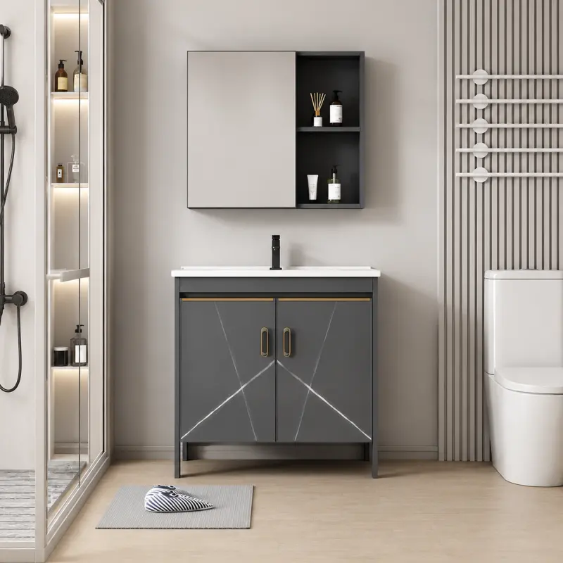 Previzualizare 2: Set Mobilier SIENA pentru Baie ,Dulap Lavoar+Dulap Oglinda 80cm, 2 Piese, Gri si Alb