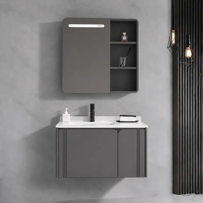 Previzualizare 2: Set Mobilier ORIA pentru Baie, Dulap Lavoar+Dulap Oglinda 60cm, 2 Piese, Gri si Alb