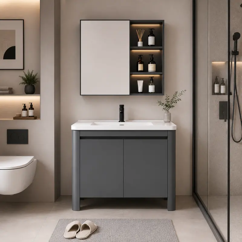 Previzualizare 2: Set Mobilier VION pentru Baie ,Dulap Lavoar+Dulap Oglinda 60cm, 2 Piese, Gri si Alb