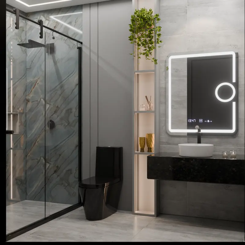 Previzualizare 3: Oglinda LED Rectangulara, 75x90cm, Eclat MotionGlow Marcello, Sistem Dezaburire, Ceas & Termometru, Lupa Cosmetica, Dimabila