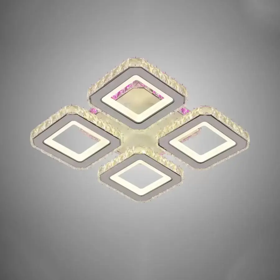 Lustra LED cu telecomanda si cristal BLAKELY RGB 74W, 4 Patrate, lumina Rece/Calda/Neutra, Dimabila, Alb