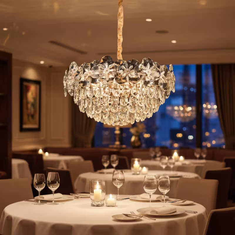 Previzualizare 4: Candelabru Cristal JARDIN Eleganza 9xE14, Diametru 50cm, Inaltime 30cm, Auriu Lucios, Inaltime Reglabila, Design Elegant