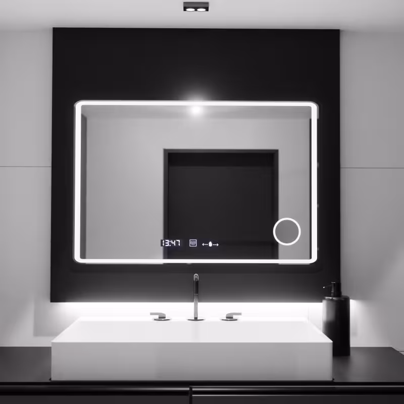 Previzualizare 3: Oglinda LED Rectangulara 100x60 Aura Riflesso Puro MotionGlow Marcello, Sistem Dezaburire, Ceas, Dimabila