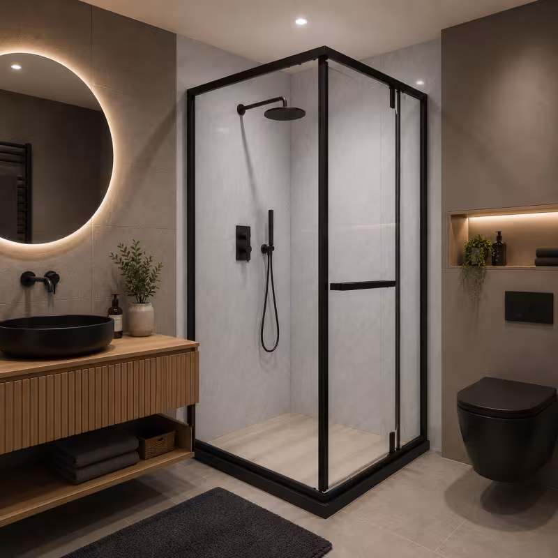 Paravan dus Walk-In 90x90x195 cm, sticla securizata 7.6 mm, satin, profil metalic rezistent, Transparent si Negru
