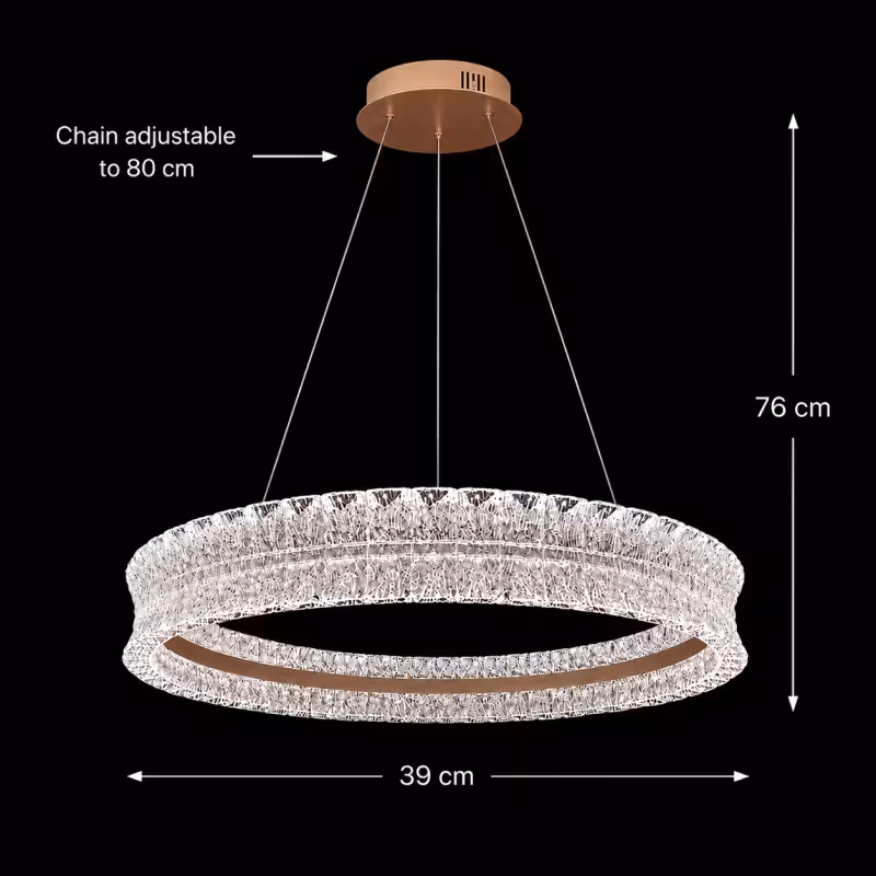 Previzualizare 4: Lustra LED Cristal cu telecomanda, 49W, Lumina Calda/Neutra/Rece, Φ40 cm, Inaltime Reglabila, Metal si Cristal, Auriu