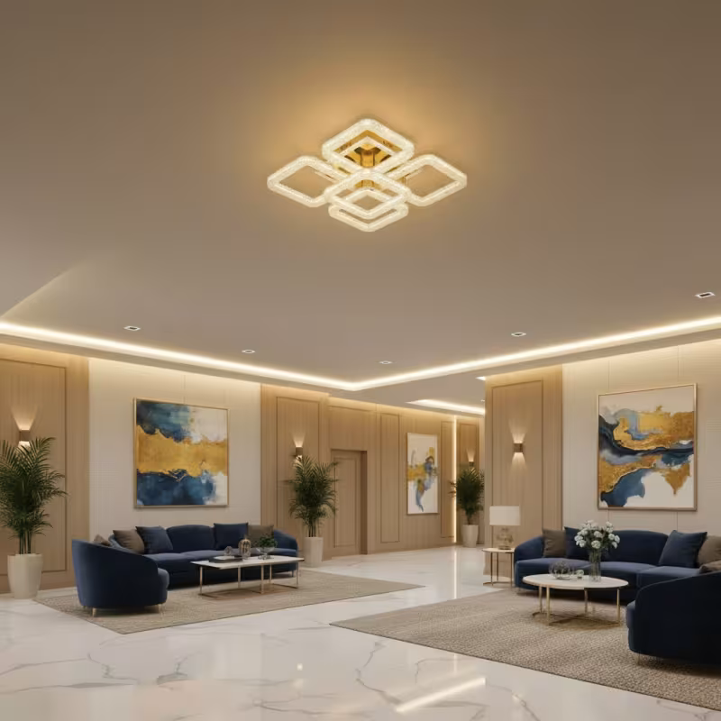 Previzualizare 2: Lustra LED RENATO Magno cu telecomanda si cristal, 118W, 5 Patrate, Lumina Rece/Calda/Neutra, Dimabila, Auriu