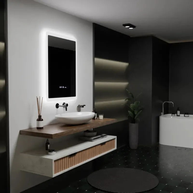 Previzualizare 3: Oglinda LED Rectangulara, 60x80cm, ELANCEE Senzor MotionGlow Marcello, Sistem Dezaburire, Ceas & Termometru, Dimabila