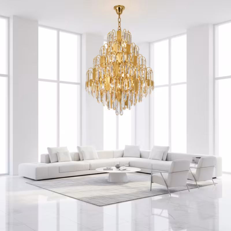 Previzualizare 4: Candelabru Cristal TIER Magno 13xE14, D60 cm, Auriu, Inaltime Reglabila, Metal si Cristal