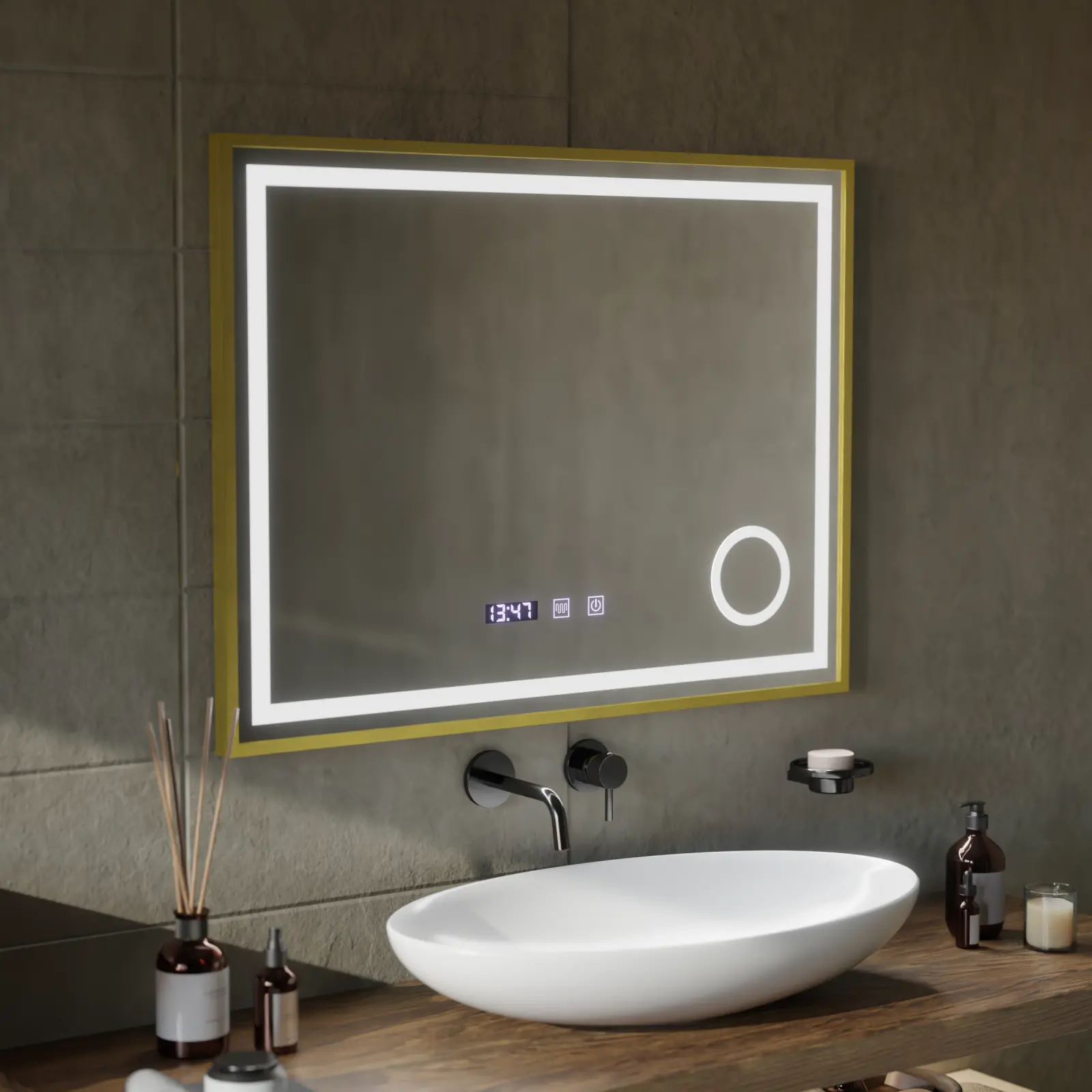 Oglinda LED Touch CLARUS Sistem Dezaburire, Ceas si Temperatura 80x60 cm Rama Auriu Brushed Lupa Cosmetica