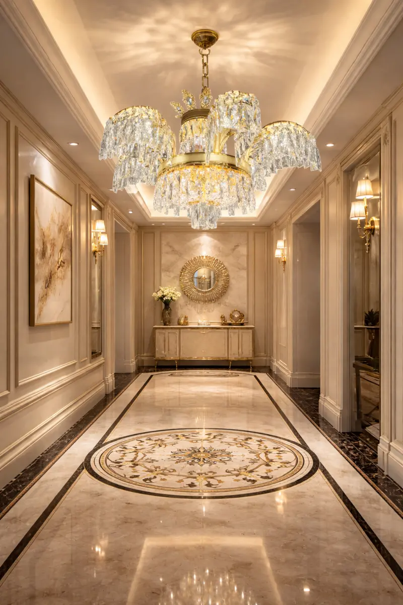 Candelabru Cristal PALACE, 6 brate, 12xG9, D69cm, Auriu Lucios, Inaltime Reglabila, Metal si Cristal
