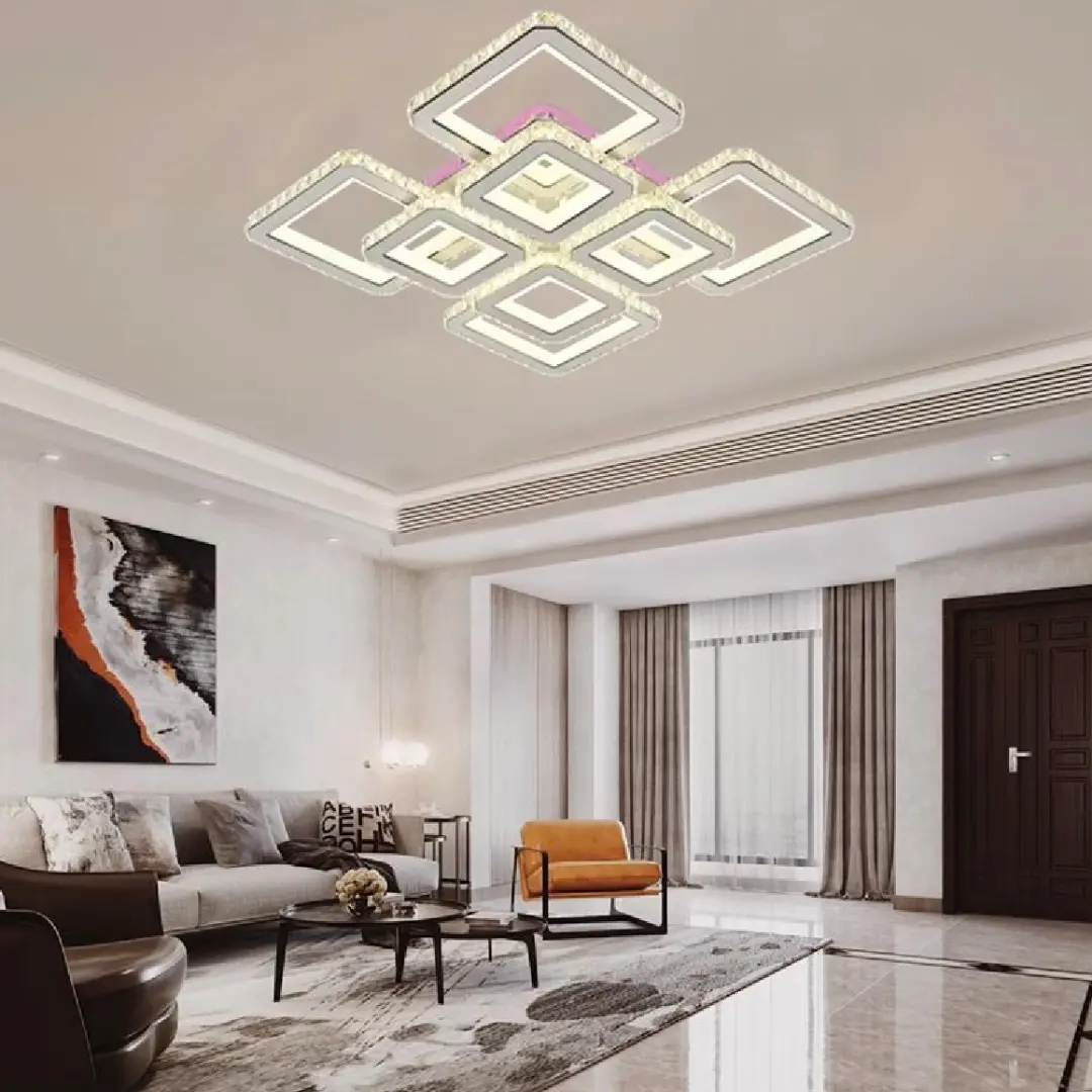 Lustra LED cu telecomanda si cristal LEILA 175W, 8 Patrate, lumina Rece/Calda/Neutra, Dimabila, Alb Crom Lucios