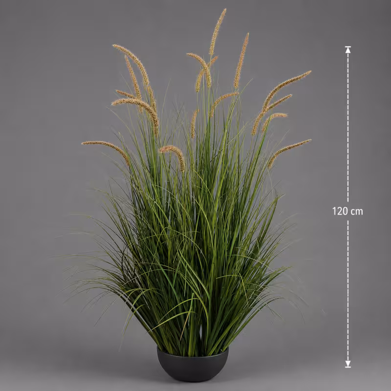 Previzualizare 2: Planta Artificiala Iarba Ornamentala Tip Coada de Pisica, 120cm, 17 tulpini, Iarba curbata si Spice, Verde Tomnal, Fara Ghiveci