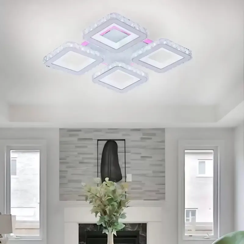 Lustra LED cu telecomanda si cristal LEILA RGB 69W, 4 Patrate, lumina Rece/Calda/Neutra, Dimabila, Alb