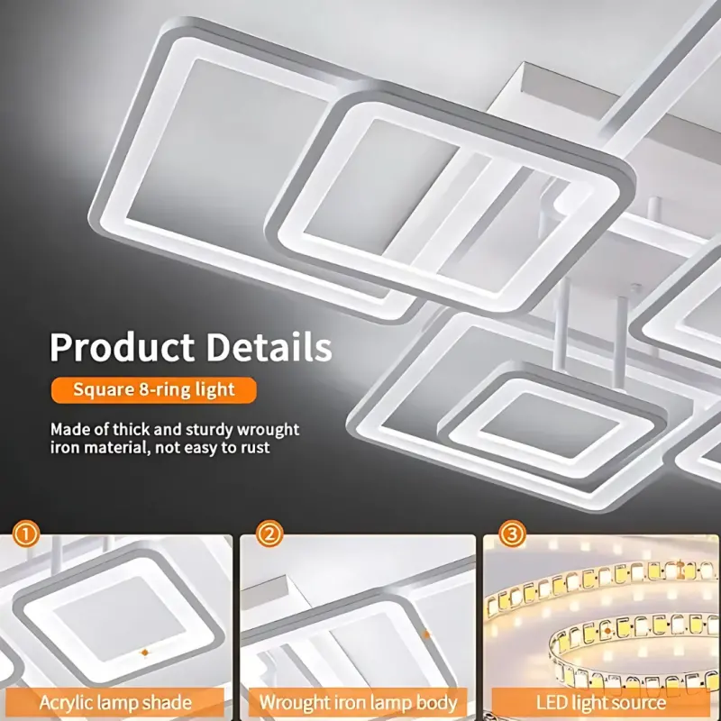 Previzualizare 2: Lustra LED cu telecomanda ELLA 187W, 8 Patrate, lumina Rece/Calda/Neutra, Dimabila, Alb