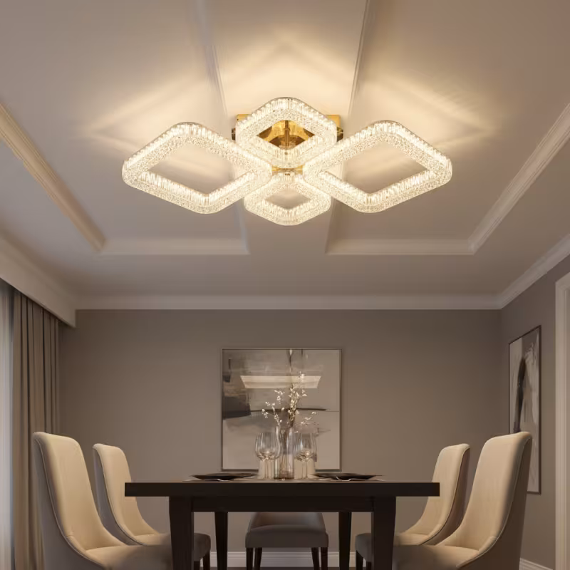 Previzualizare 3: Lustra LED RENATO Eleganza cu telecomanda si cristal, 73W, 4 Patrate, Lumina Rece/Calda/Neutra, Dimabila, Auriu