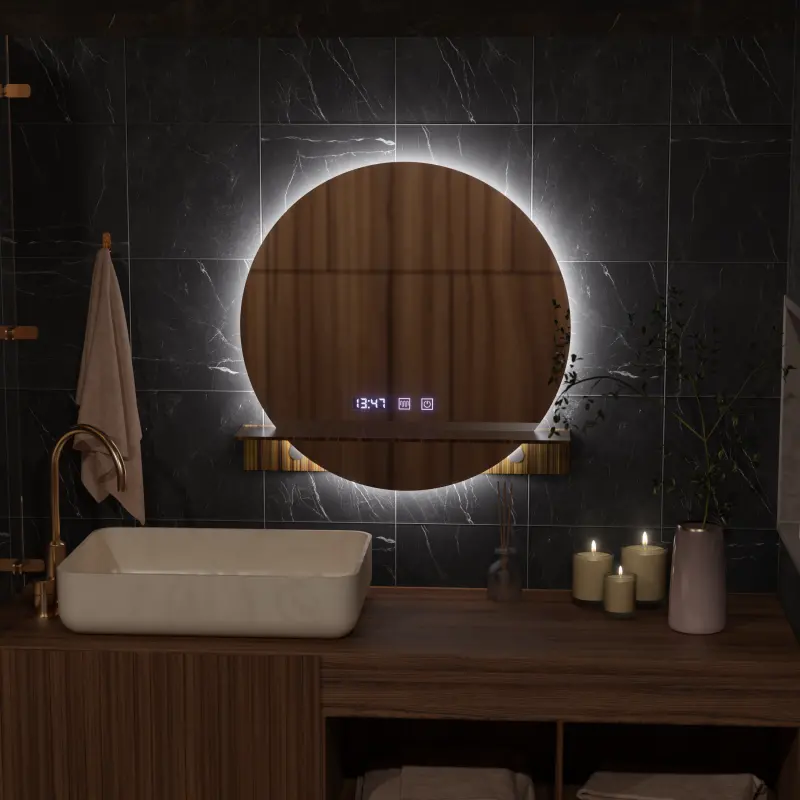 Previzualizare 3: Oglinda LED Touch Alfred Sistem Dezaburire, Ceas si Temperatura 60x60 cm Cu Suport Integrat