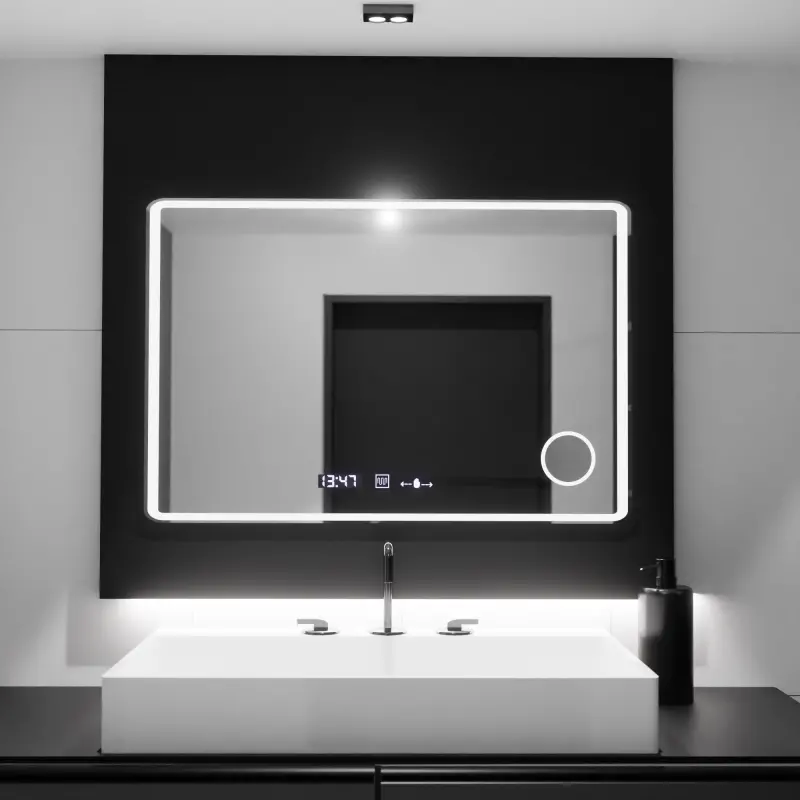 Previzualizare 3: Oglinda LED Rectangulara 120x80 Aura Riflesso Puro MotionGlow Marcello, Sistem Dezaburire, Termometru si Ceas, Dimabila
