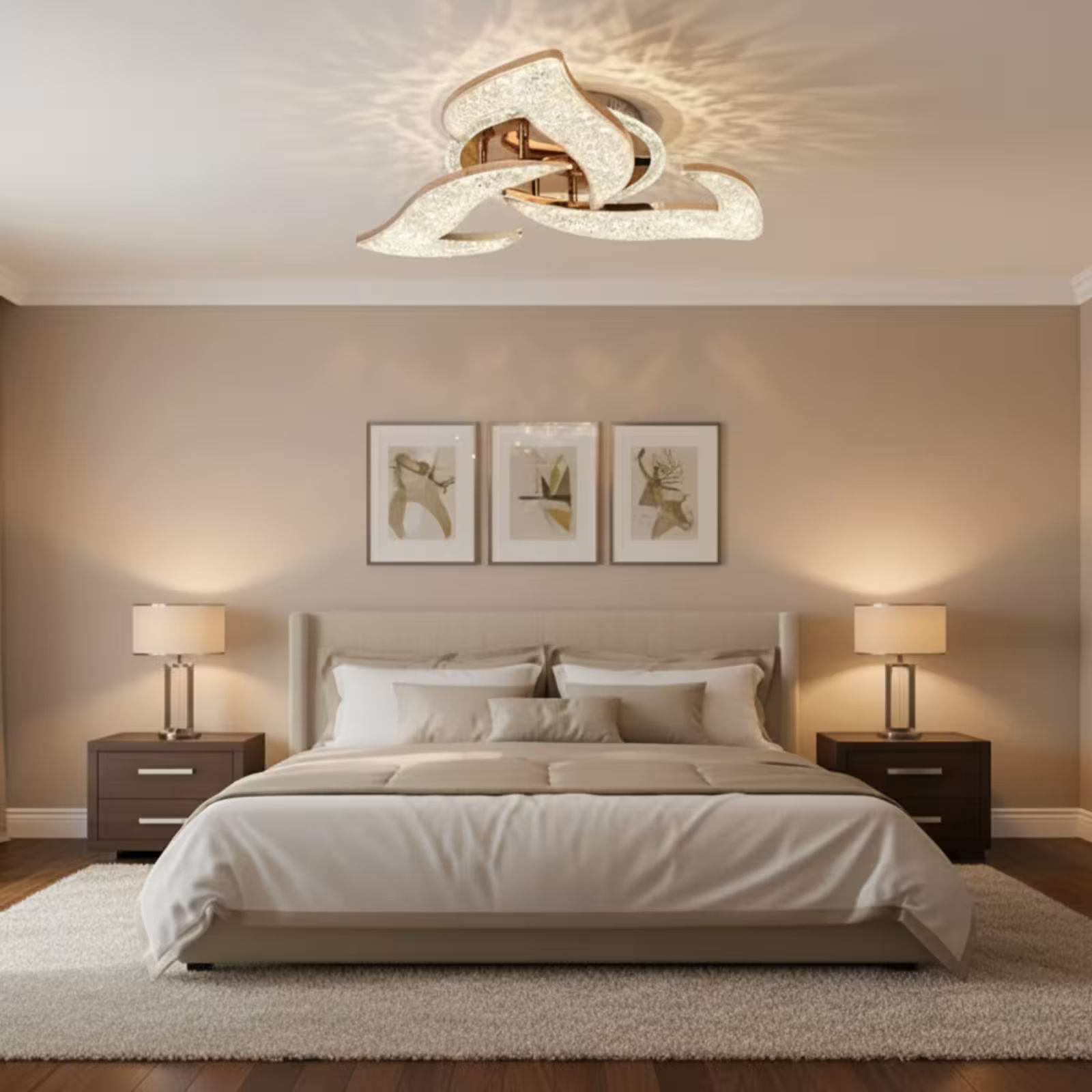 Lustra LED HALESA Eleganza cu telecomanda si cristal, 44W, 3 Surse, Lumina Rece/Calda/Neutra, Dimabila, Auriu