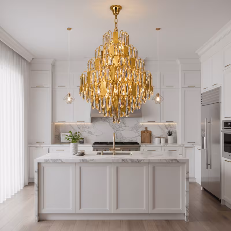 Previzualizare 4: Candelabru Cristal TIER Nobile 8xE14, D40 cm, Auriu, Inaltime Reglabila, Metal si Cristal