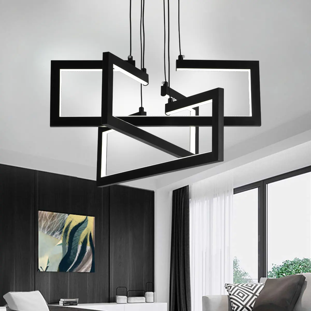 Lustra LED cu telecomanda ,Suspendata 71W, 3 Elemente, lumina Rece/Calda/Neutra, Dimabila, Inaltime Reglabila, Negru