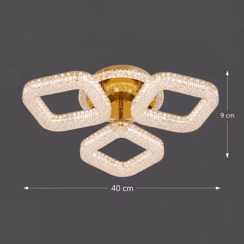 Previzualizare 4: Lustra LED RENATO Nobile cu telecomanda si cristal, 39W, 3 Patrate, Lumina Rece/Calda/Neutra, Dimabila, Auriu