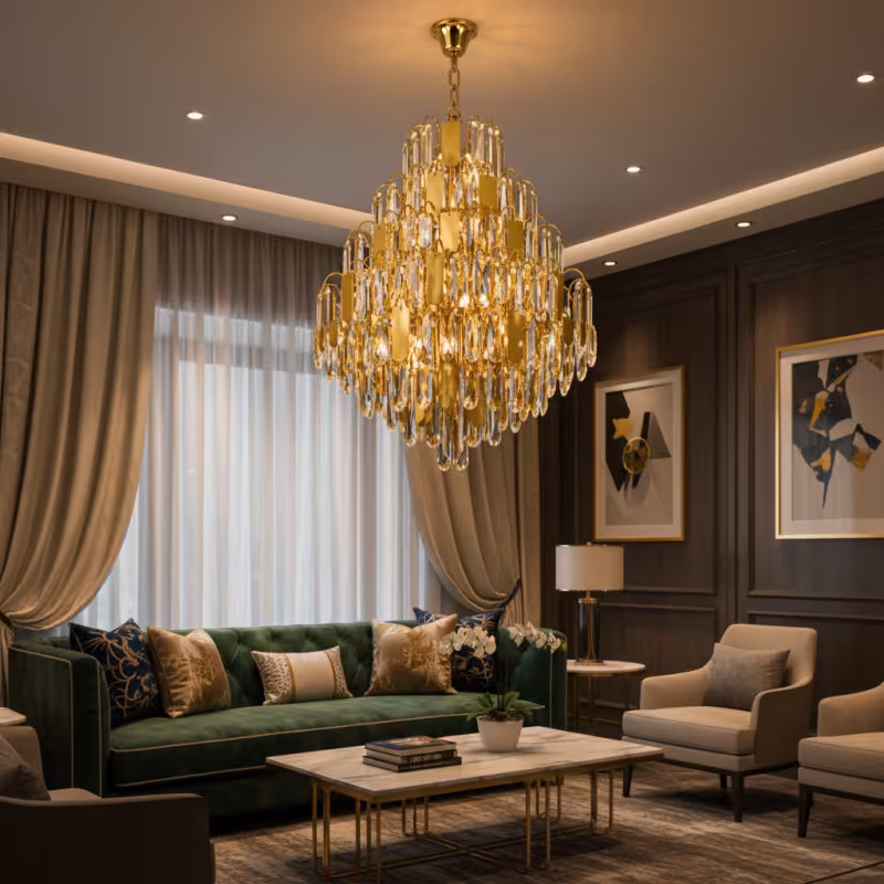 Previzualizare 2: Candelabru Cristal TIER Eleganza 10xE14, D50 cm, Auriu, Inaltime Reglabila, Metal si Cristal