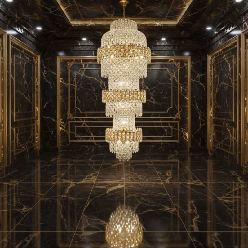 Previzualizare 4: Candelabru Cristal TRIO Regalis 63xE14, Diametru 80cm, Inaltime 260cm, Auriu Lucios, Inaltime Reglabila, Design Elegant