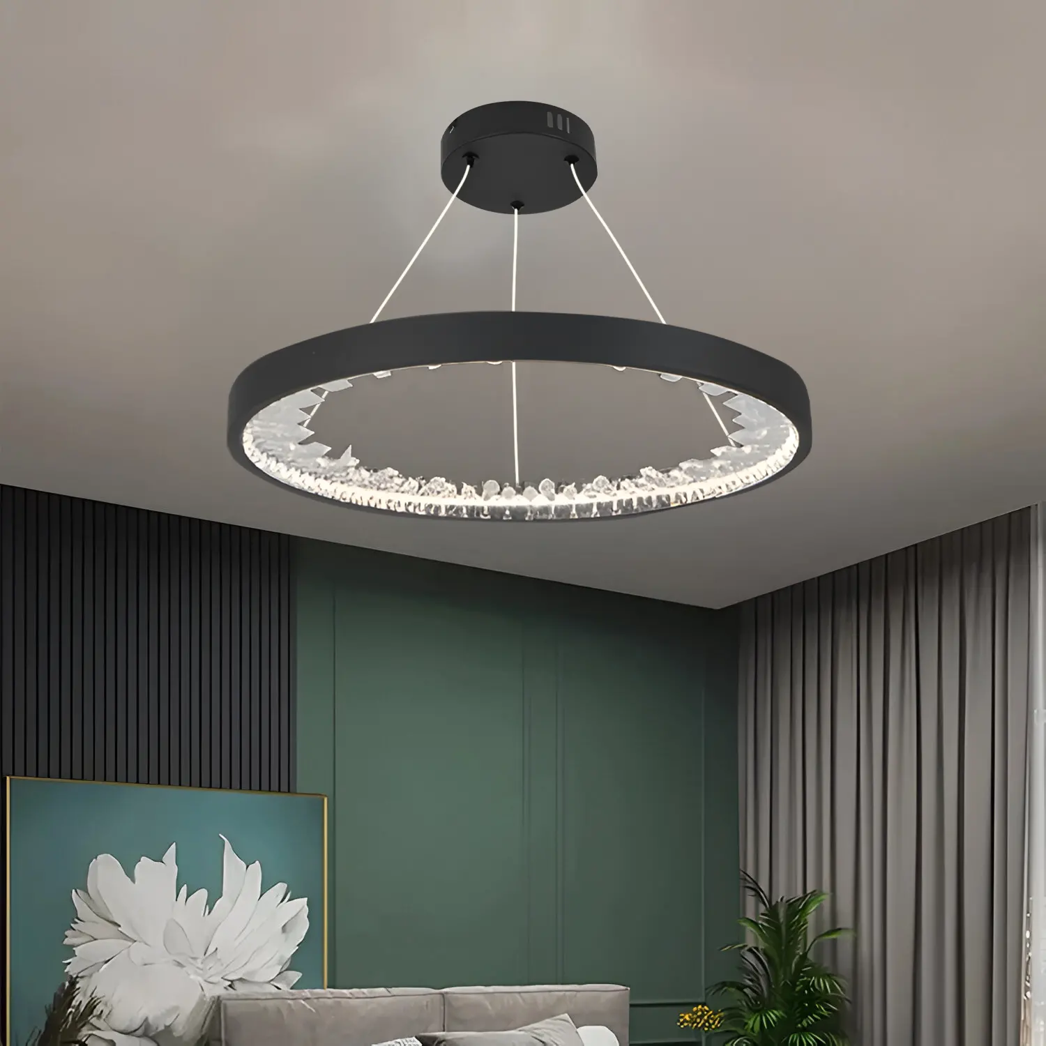 Lustra LED suspendata cu telecomanda, Cristale K9, 28W, 1 Cerc, lumina Rece/Calda/Neutra, Dimabila, Negru, Inaltime Reglabila