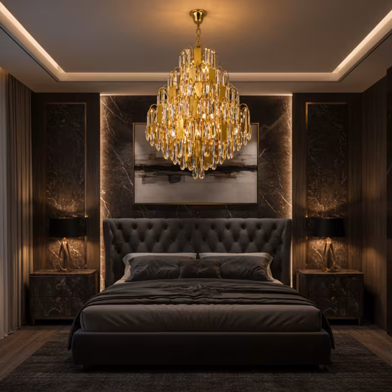 Previzualizare 2: Candelabru Cristal TIER Nobile 8xE14, D40 cm, Auriu, Inaltime Reglabila, Metal si Cristal