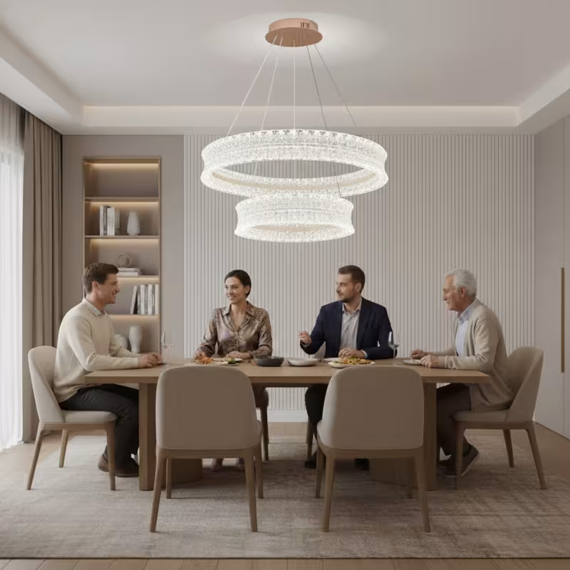 Previzualizare 3: Lustra LED Cristal cu telecomanda, 118W, Lumina Calda/Neutra/Rece, Φ60 cm, Inaltime Reglabila, Metal si Cristal, Auriu