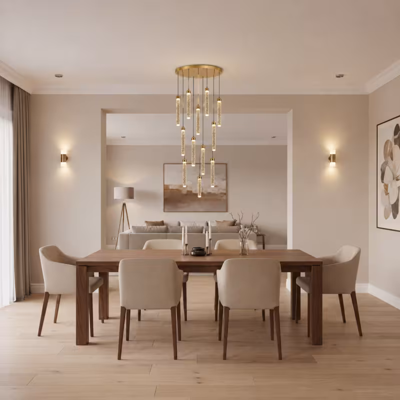 Candelabru Cristal LAGOM LED cu Telecomanda, Suspendat, 12 Surse, 36W, Diametru 40cm, Lumina Calda / Neutra / Rece, Inaltime Reglabila, Auriu, Metal si Cristal