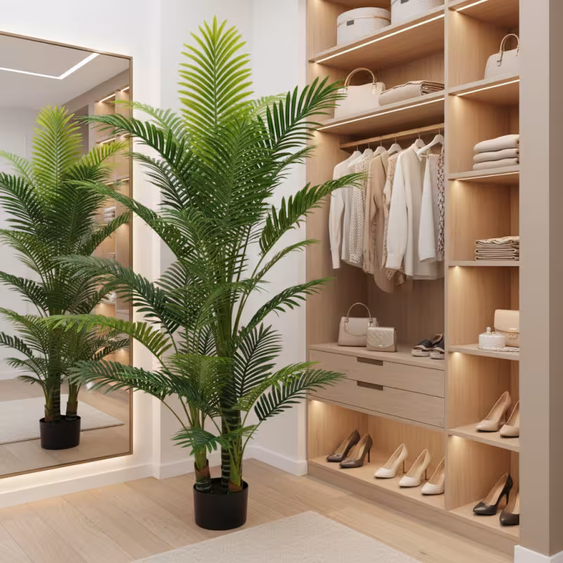 Previzualizare 3: Planta Artificiala Copac Tip Palmier Kentia, 3 tulpini, 17 frunze, 220 cm, Verde, cu Ghiveci