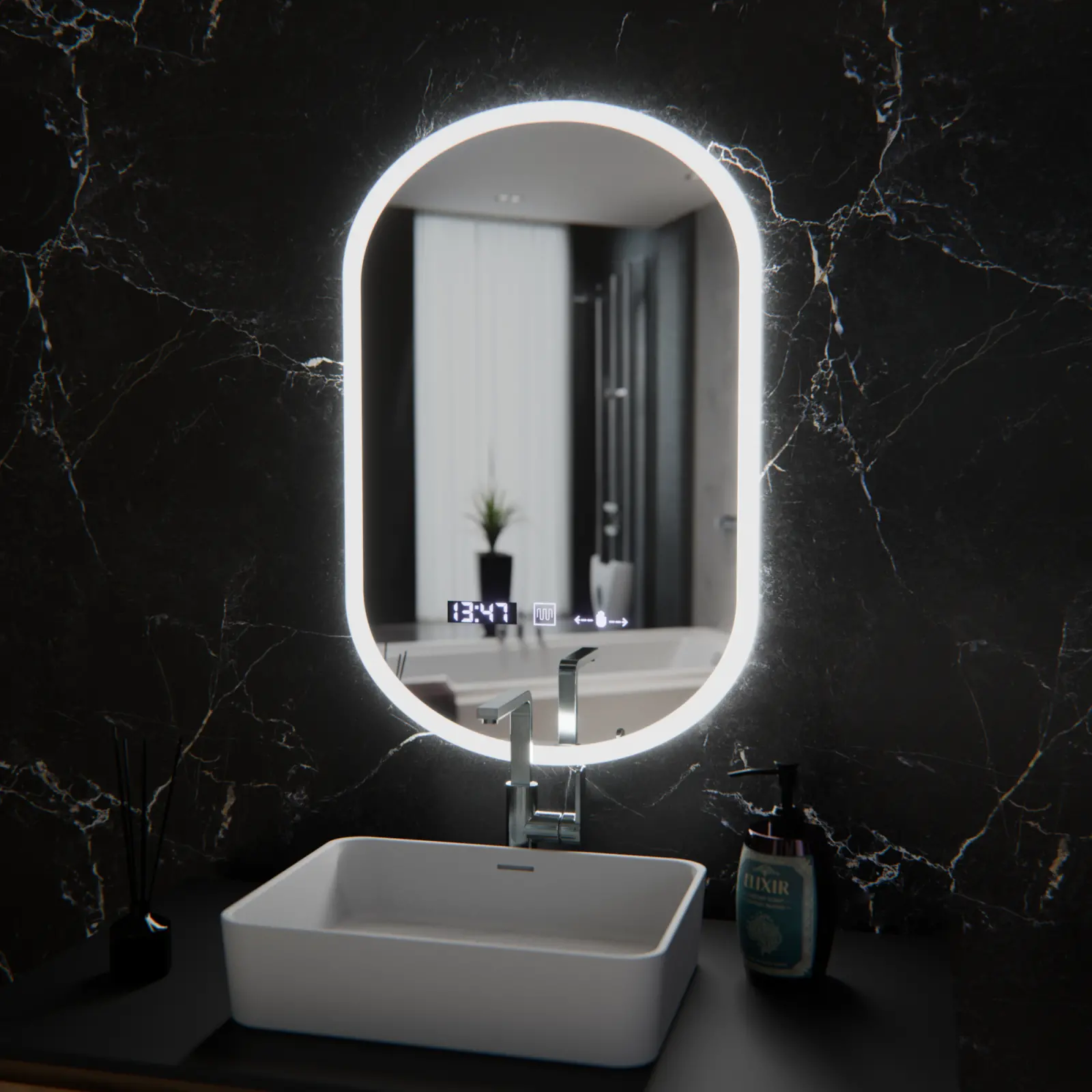 Oglinda LED Ovala, 50x80cm, Lucia Senzor Marcello, Sistem Dezaburire, Ceas & Termometru, Dimabila