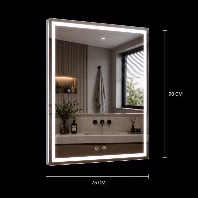 Previzualizare 3: Oglinda LED WAMOSK, 52W, 75x90cm, Alb, Senzor, Lumina 3000K, 4000K, 6000K, Sistem Dezaburire, Metal, Functii Ceas si Temperatura