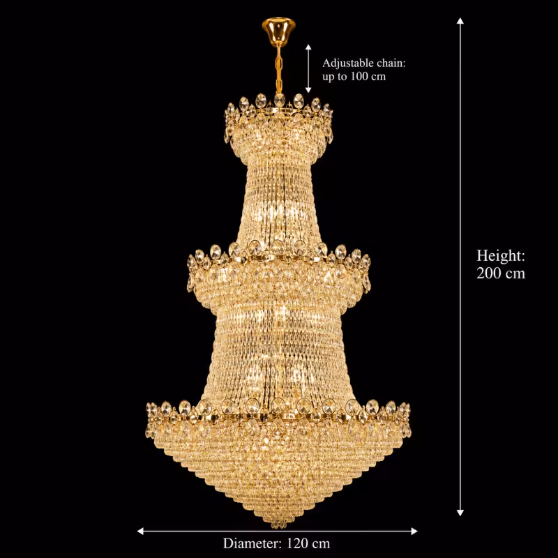 Previzualizare 4: Candelabru Cristal TORRE 59xE14, Diametru 120cm, Inaltime 200cm, Auriu Lucios, Inaltime Reglabila, Design Elegant