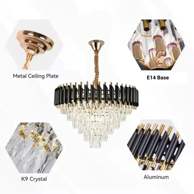 Previzualizare 2: Candelabru Cristal VERSAILLES Magno 8xE14, Diametru 60cm, Negru si Auriu, Inaltime Reglabila