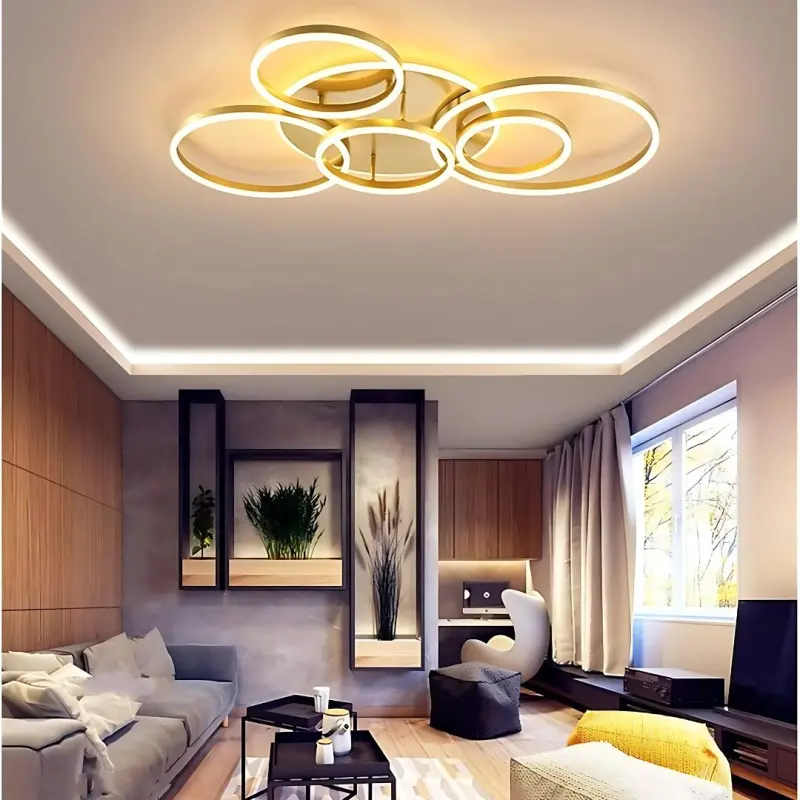 Previzualizare 2: Lustra LED cu Telecomnda RINOVA, 5 cercuri, 137W, Lumina Calda/Rece/Neutra, Dimabila, Auriu