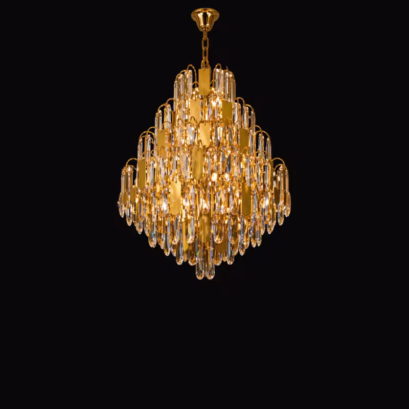 Previzualizare 4: Candelabru Cristal TIER Regalis 21xE14, D80 cm, Auriu, Inaltime Reglabila, Metal si Cristal