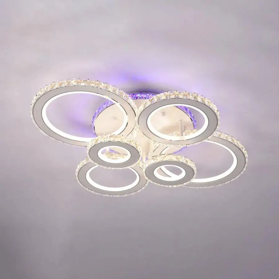 Lustra LED cu telecomanda si cristal MEILI ZAFINA RGB 238W, 6 Cercuri, lumina Rece/Calda/Neutra, Dimabila, Alb