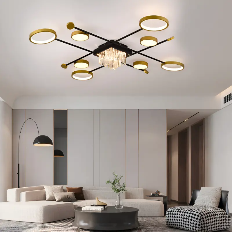 Lustra LED cu telecomanda si cristal GUIDA 46W, 8 Elemente, lumina Rece/Calda/Neutra, Dimabila, Negru Auriu