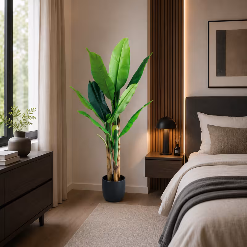 Previzualizare 2: Planta Artificiala Copac Tip Bananier, 140 cm, 3 tulpini, 11 frunze, Verde, cu Ghiveci