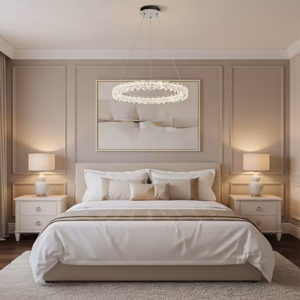 Lustra LED Cristal VENTANA cu telecomanda, 25W, Lumina Calda/Neutra/Rece, Φ39 cm, Inaltime Reglabila, Metal si Cristal, Auriu