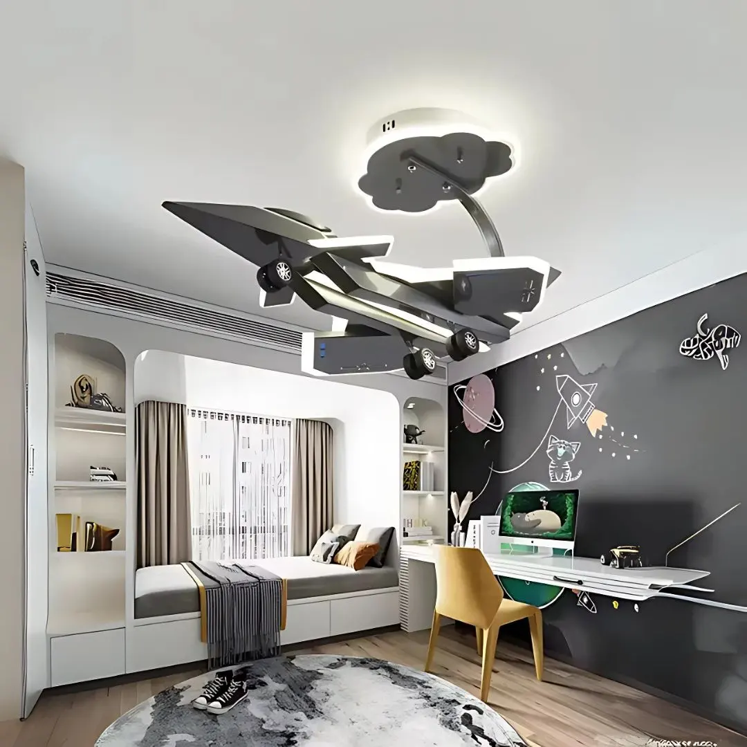 Lustra LED pentru copii FIGHTER, Tip avion, 100W, Lumina Rece/Calda/Neutra, Gri Aeronautic