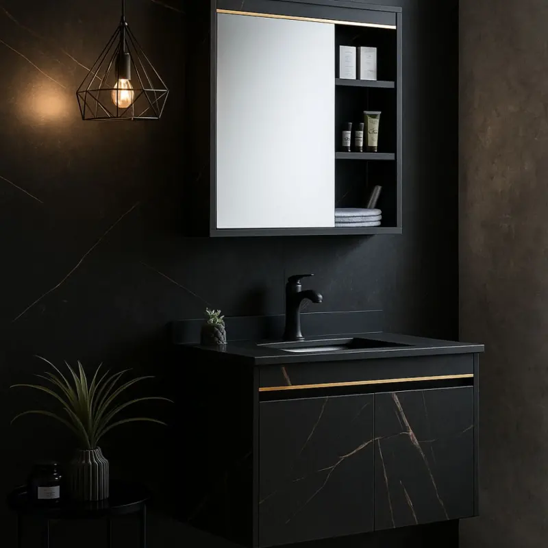 Set Mobilier MARBLE pentru Baie, Dulap Lavoar+Dulap Oglinda 80cm, 2 Piese, Negru