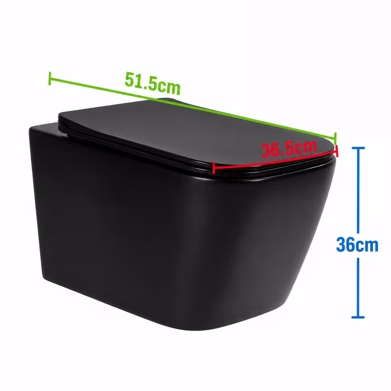 Previzualizare 3: Toaleta Suspendata Fara Rama NUNAVUT, Evacuare Orizontala (P-Trap) 18 cm, 51.5x36.5x36cm,Negru
